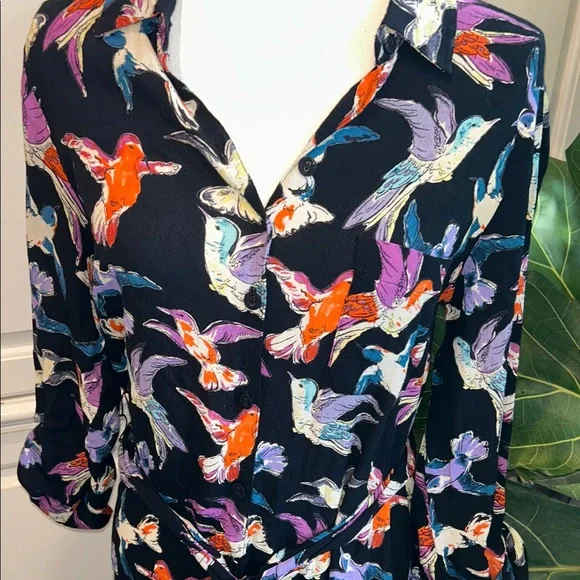 Maeve by Anthropologie Colorful Birds Black Dress Size 12P - Picture 3 of 13